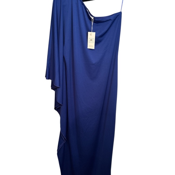 Asymmetric One-Shoulder Navy Blue Draped Evening Gown - Picture 2 of 4